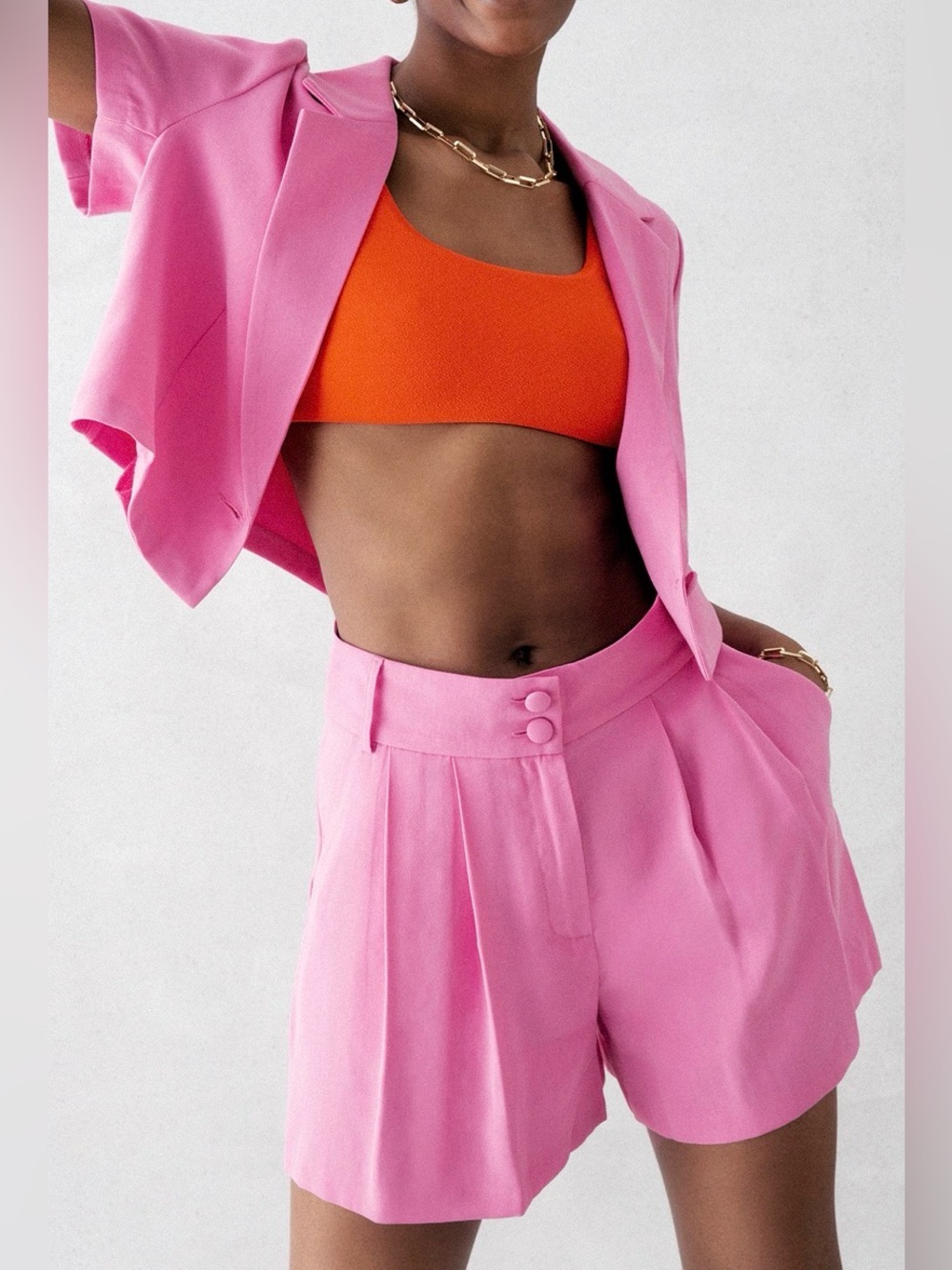Primark Pink High-Waist Pleated Shorts & One Button Closure Cropped Jacket - 10